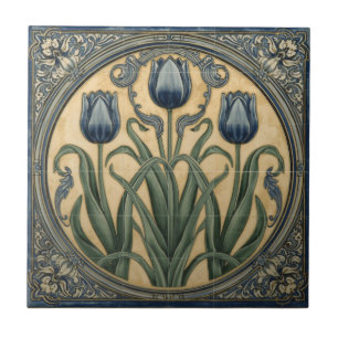 Vintage Art Nouveau Blaue Tulpen Blumenmuster  Fliese