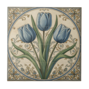 Vintage Art Nouveau Blaue Tulpen Blumenmuster Fliese