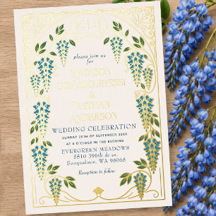 Vintage Art Nouveau Blaue Wisteria Hochzeit Folieneinladung