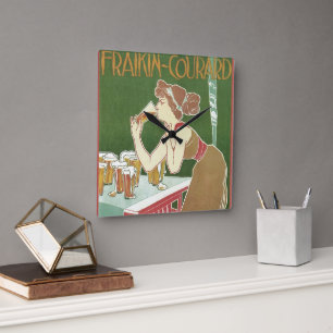 Vintage Art Nouveau Brasserie Fraikin-Courard Bier Quadratische Wanduhr