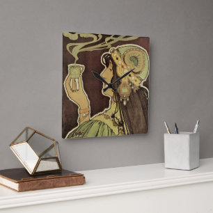 Vintage Art Nouveau Cafe Rajah, Frau mit Kaffee Quadratische Wanduhr