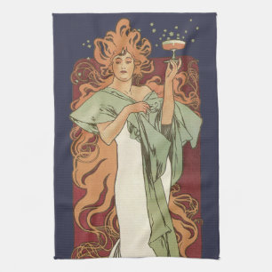 Vintage Art Nouveau, Champagner von Alphonse Mucha Geschirrtuch