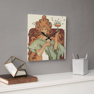 Vintage Art Nouveau, Champagner von Alphonse Mucha Quadratische Wanduhr