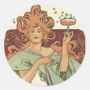 Vintage Art Nouveau, Champagner von Alphonse Mucha Runder Aufkleber