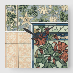 Vintage Art Nouveau, Columbine Aquilegia Blumen Quadratische Wanduhr