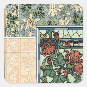 Vintage Art Nouveau, Columbine Aquilegia Blumen Quadratischer Aufkleber