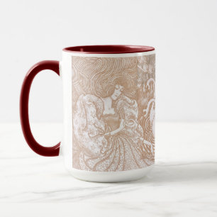 Vintage Art Nouveau Creme Blumen Frau & Schwäne Tasse