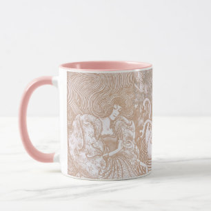 Vintage Art Nouveau Creme Blumen Frau & Schwäne Tasse