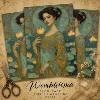 Vintage Art Nouveau Dame mit Wasserlilien-Decoupag Seidenpapier