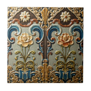 Vintage Art Nouveau Deco Majolika Blumen Craftsman Fliese