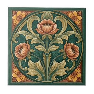 Vintage Art Nouveau Deco Majolika Blumen Handwerks Fliese
