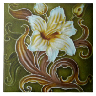 Vintage Art Nouveau Deco Majolika Blumen Kunsthand Fliese