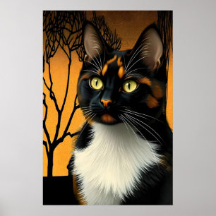 Vintage Art Nouveau Dreifarbenkatze im goldenen Fa Poster