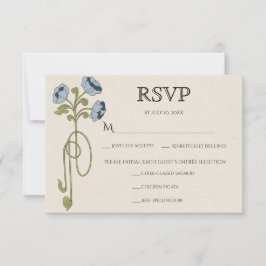Vintage Art Nouveau Dusty Blue Navy Flowers Meals RSVP Karte