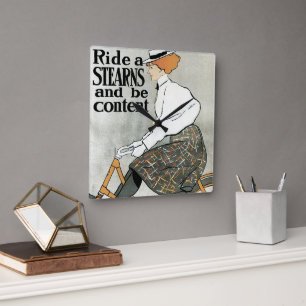 Vintage Art Nouveau, Fahrt auf Sterns Fahrrädern Quadratische Wanduhr