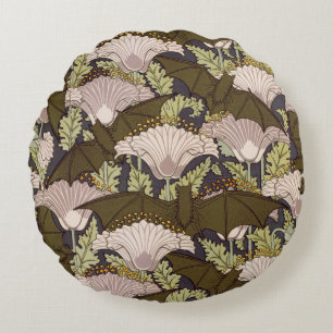 Vintage Art Nouveau Fledermaus und Mohn Blumenmust Rundes Kissen