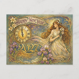 Vintage Art Nouveau Floral Happy New Year 2027 Feiertagspostkarte