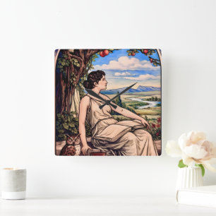 Vintage Art Nouveau Frau beim Lesen unter einem Ba Quadratische Wanduhr