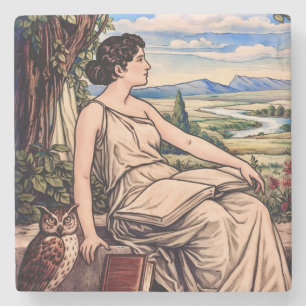 Vintage Art Nouveau Frau beim Lesen unter einem Ba Steinuntersetzer
