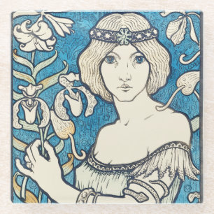 Vintage Art Nouveau Frau Blaues Blumenposter Druck Glasuntersetzer