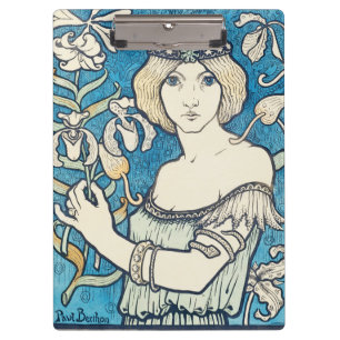 Vintage Art Nouveau Frau Blaues Blumenposter Druck Klemmbrett