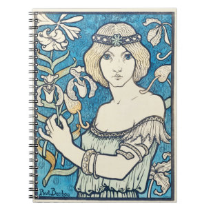 Vintage Art Nouveau Frau Blaues Blumenposter Druck Notizblock