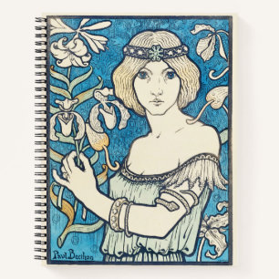 Vintage Art Nouveau Frau Blaues Blumenposter Druck Notizblock