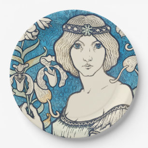 Vintage Art Nouveau Frau Blaues Blumenposter Druck Pappteller