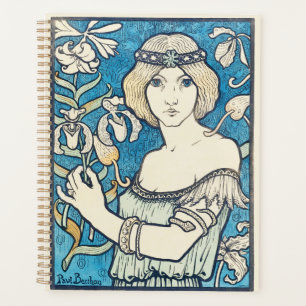 Vintage Art Nouveau Frau Blaues Blumenposter Druck Planer