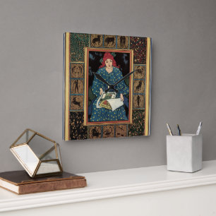 Vintage Art Nouveau, Frau liest Astrologie-Buch Quadratische Wanduhr
