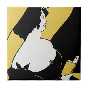 Vintage Art Nouveau, Frau liest ein gelbes Buch Fliese