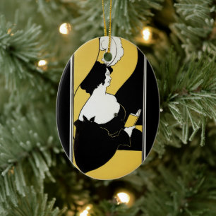 Vintage Art Nouveau, Frau liest ein gelbes Buch Keramikornament