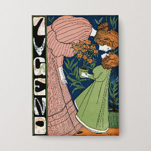 Vintage Art Nouveau Frau & Mädchen Grüne Kleidung Button