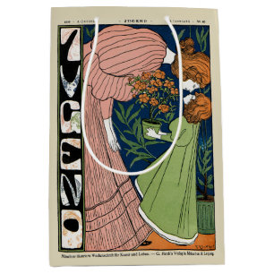 Vintage Art Nouveau Frau & Mädchen Grüne Kleidung Mittlere Geschenktüte