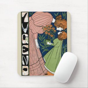Vintage Art Nouveau Frau & Mädchen Grüne Kleidung Mousepad