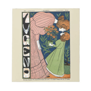 Vintage Art Nouveau Frau & Mädchen Grüne Kleidung Notizblock