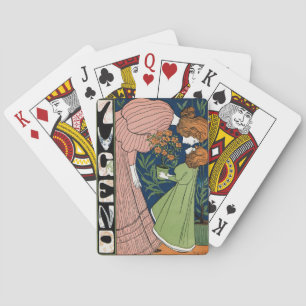 Vintage Art Nouveau Frau & Mädchen Grüne Kleidung Spielkarten