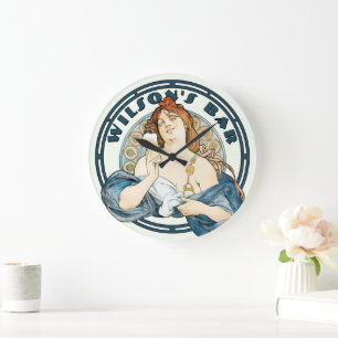Vintage Art Nouveau Frau von Artigue Pub oder Bar Große Wanduhr