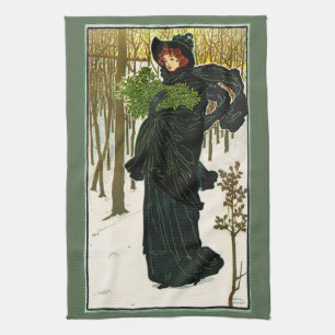 Vintage-Art-Nouveau-Frau-Weihnachten-Plakat-Druck Geschirrtuch