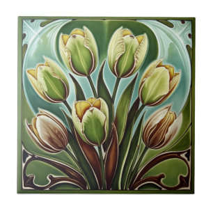 Vintage Art Nouveau gelbe Tulpen Blumenmuster  Fliese