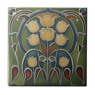Vintage Art Nouveau gelbe Tulpen Blumenmuster Fliese