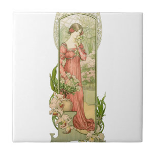 Vintage Art Nouveau Gewächshaus-Lady Elegant Fliese