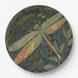 Vintage art nouveau green gold Dragonfly Pappteller