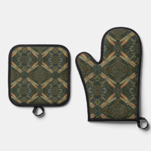 Vintage Art Nouveau grüne Gold Libelle Ofenhandschuh & Topflappen-Set