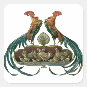 Vintage Art Nouveau Hühner und Hähne Quadratischer Aufkleber