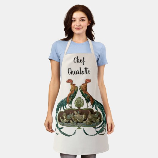 Vintage Art Nouveau Hühner und Hähne Schürze (Getragen)