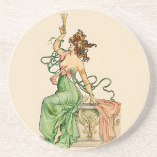 Vintage-Art-Nouveau-Illustration einer Champagner- Getränkeuntersetzer