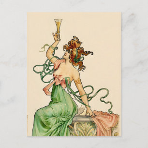 Vintage-Art-Nouveau-Illustration einer Champagner- Postkarte