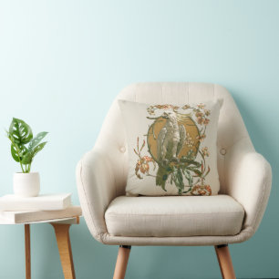 Vintage Art Nouveau, Kakadu-Vogel, Orchideenblüten Kissen