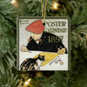 Vintage Art Nouveau, Künstler malt mit Haustierkat Keramikornament